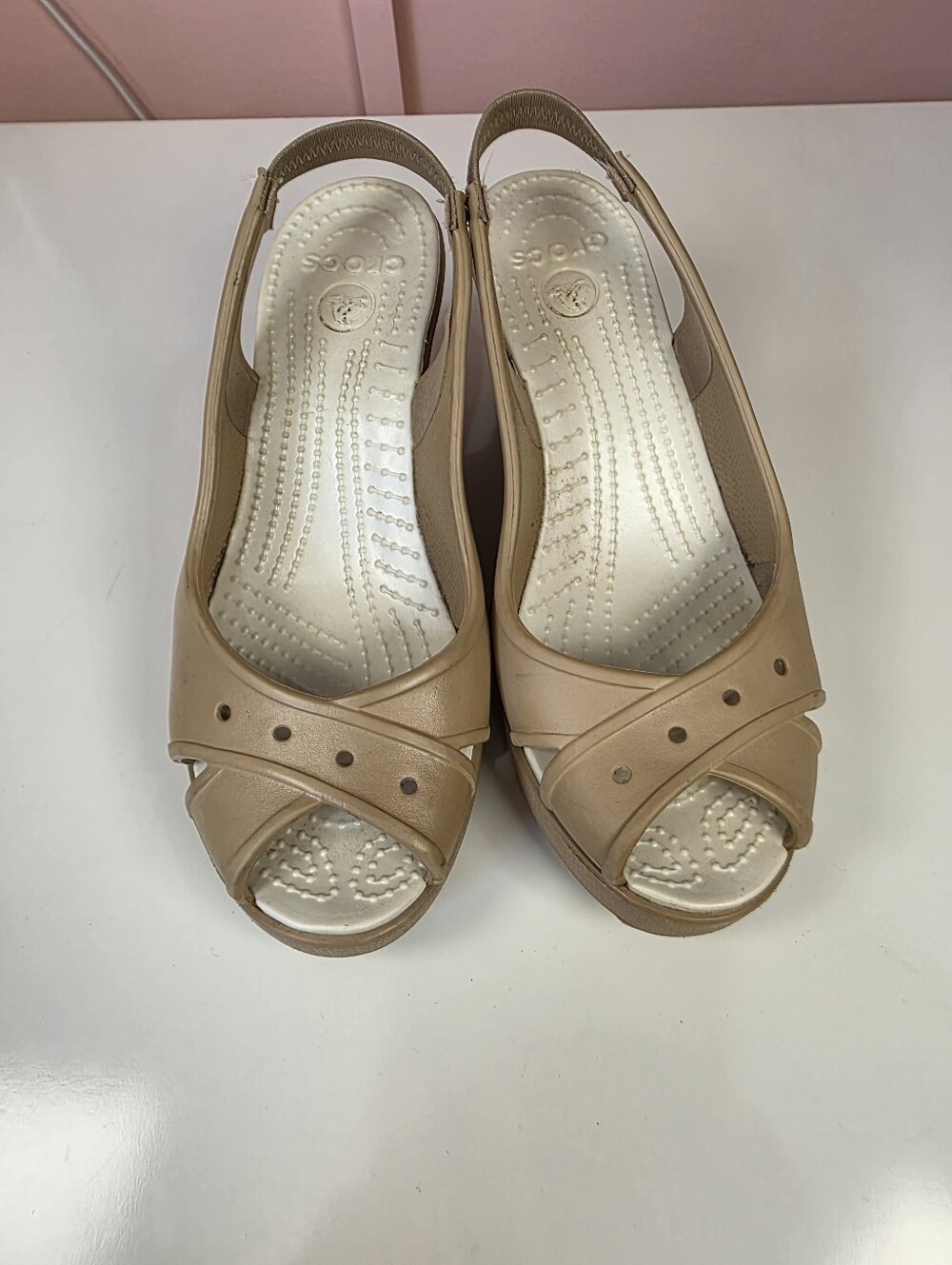Crocs Farrah Wedge Slingback Sandals Nude Beige W8